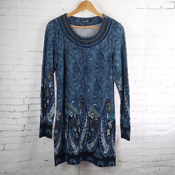 WHITE MARK BLUE FLORAL PAISLEY LONG SLEEVE ROUND NECK MIDI SWEATER DRESS SIZE M - Picture 1 of 8